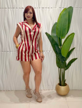 Cargar imagen en el visor de la galería, Wine &amp; Beige Stripes Denim Romper
