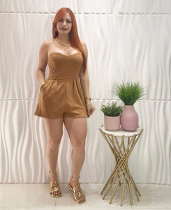 Camel Suede Strapless Romper